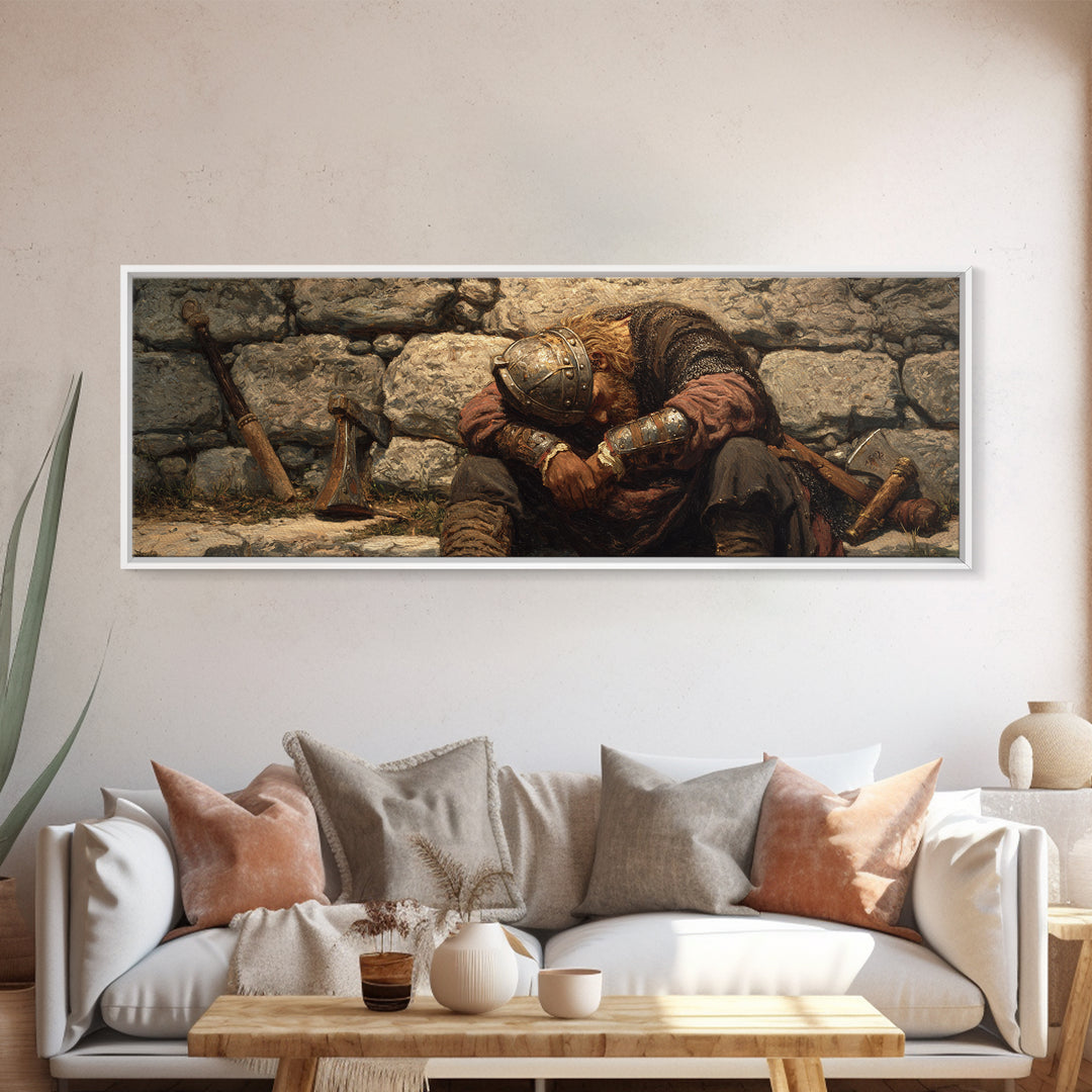 Weary Viking Resting By Stone Wall Framed Canvas Print, Norse Warrior Art, Rustic Medieval Decor, Dark Academia Gift Print