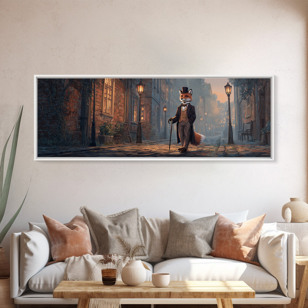 Top Hat Fox On Gaslit Cobblestone Street Wall Art, Whimsical Animal Portrait Canvas, Victorian Kids Room Nursery Decor Print