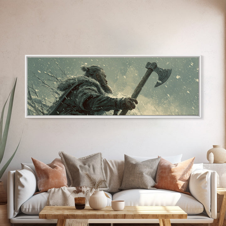 Snowy Viking Warrior With Battle Axe Wall Art, Dark Fantasy Winter Canvas Print, Nordic Masculine Office And Cabin Decor