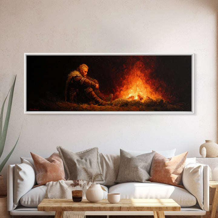 Lonely Traveler Campfire Canvas Print, Dark Fantasy Wall Art, Moody Wilderness Decor, Survival Poster, Rustic Cabin Gift