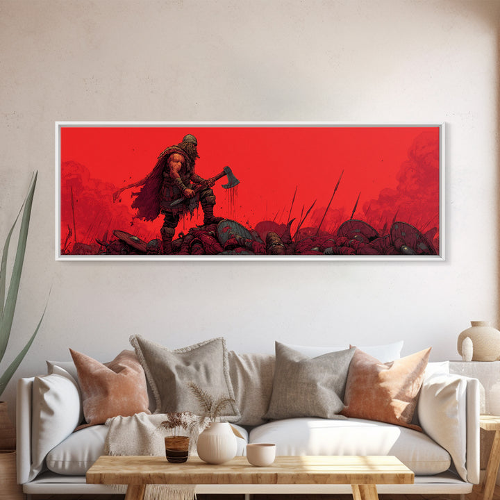 Red Berserker Axe Warrior On Fallen Battlefield Canvas Print, Dark Fantasy Viking Art, Gothic Man Cave Decor Gift For Him