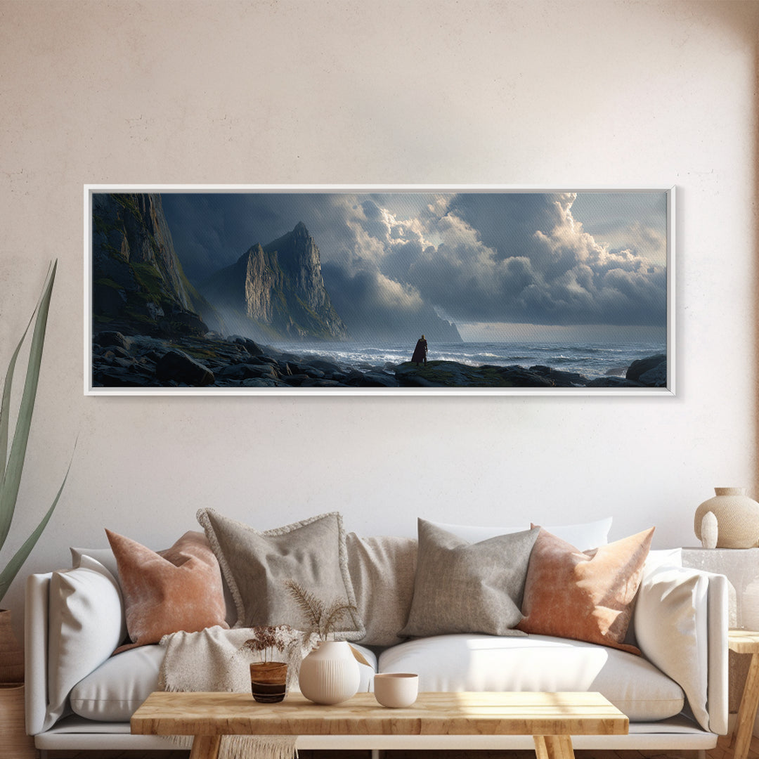 Cloaked Figure On Stormy Cliff Wall Art, Epic Coastal Fantasy Canvas Print, Moody Seascape, Dramatic Landscape Decor, Living Room Art