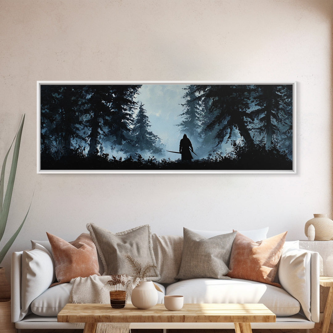 Shadowed Warrior In Misty Pine Forest Wall Art, Dark Fantasy Canvas Print, Moody Woodland Decor, Rustic Cabin Wall Decor