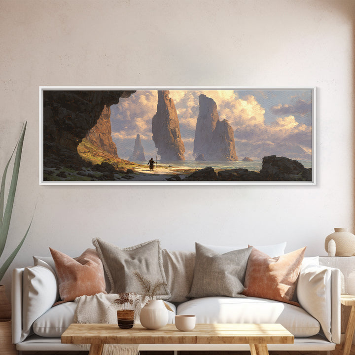 Epic Sea Cliffs With Lone Traveler Canvas Print, Fantasy Landscape Wall Art, Panoramic Coastal Decor, Adventure Art, Home Decor