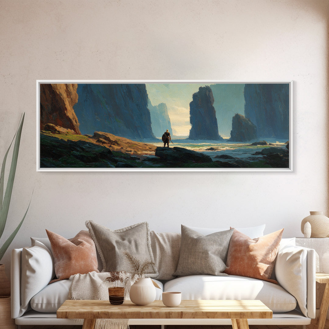 Lone Explorer In Misty Coastal Cliffs Canvas Print, Dramatic Seascape Wall Art For Living Room And Office Decor, Above Sofa Decor