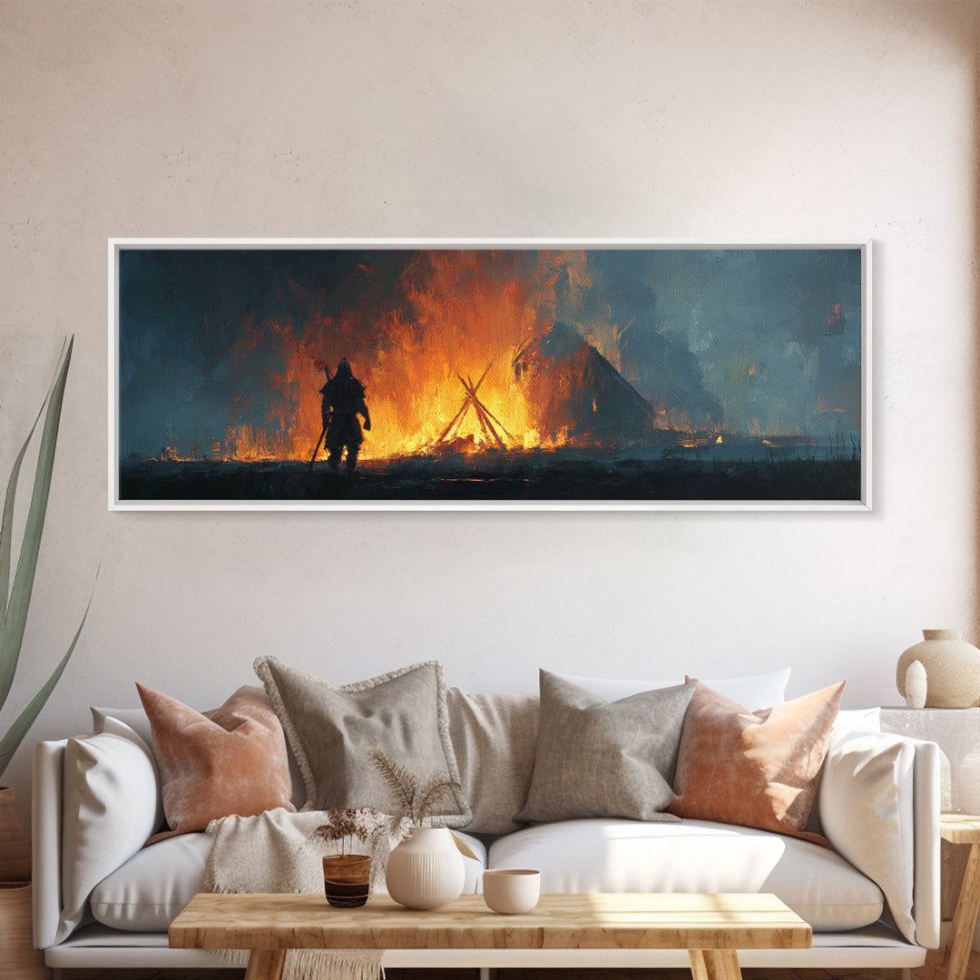 Warrior Before Blazing Village Fire Canvas Print, Dark Fantasy Wall Art, Medieval Battle Decor, Moody Rustic Home Decor Print