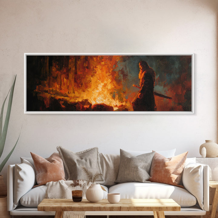 Warrior Watching Burning City Canvas Print, Dark Fantasy Fire Painting Wall Art, Moody Gothic Decor For Office Or Man Cave
