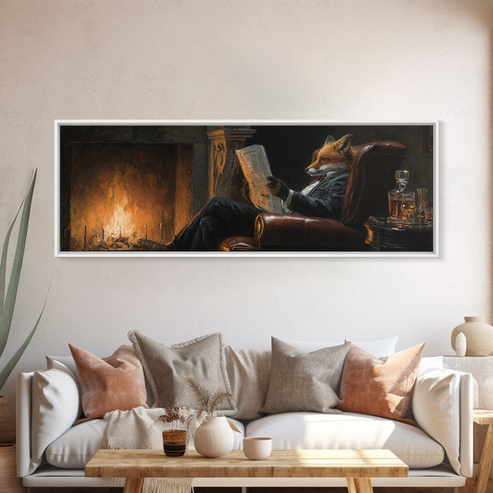 Fox Reading By Fireplace Canvas Print, Cozy Library Wall Art, Dark Academia Study Decor, Whimsical Animal Living Room Art Print