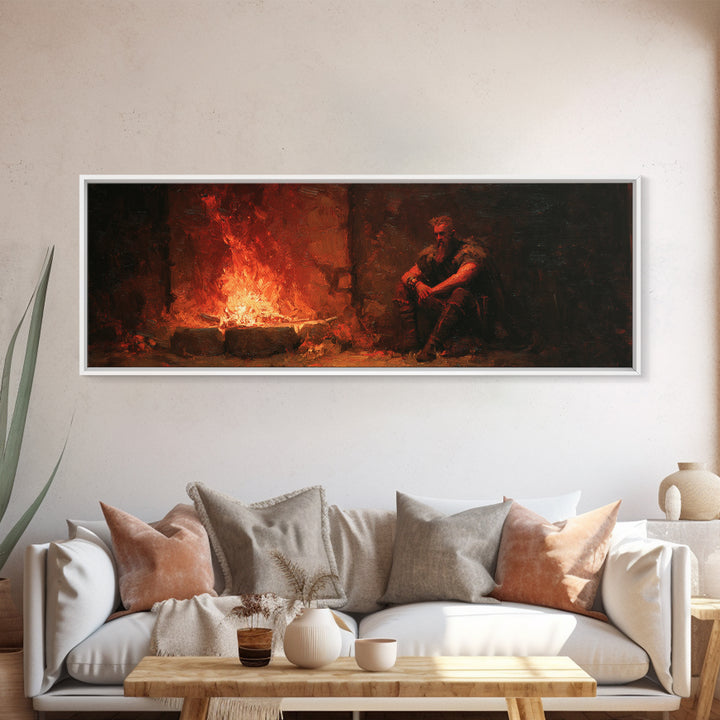Brooding Medieval Warrior Beside Fiery Hearth Canvas Print, Moody Dark Fantasy Wall Art, Rustic Man Cave Decor Gift For Him