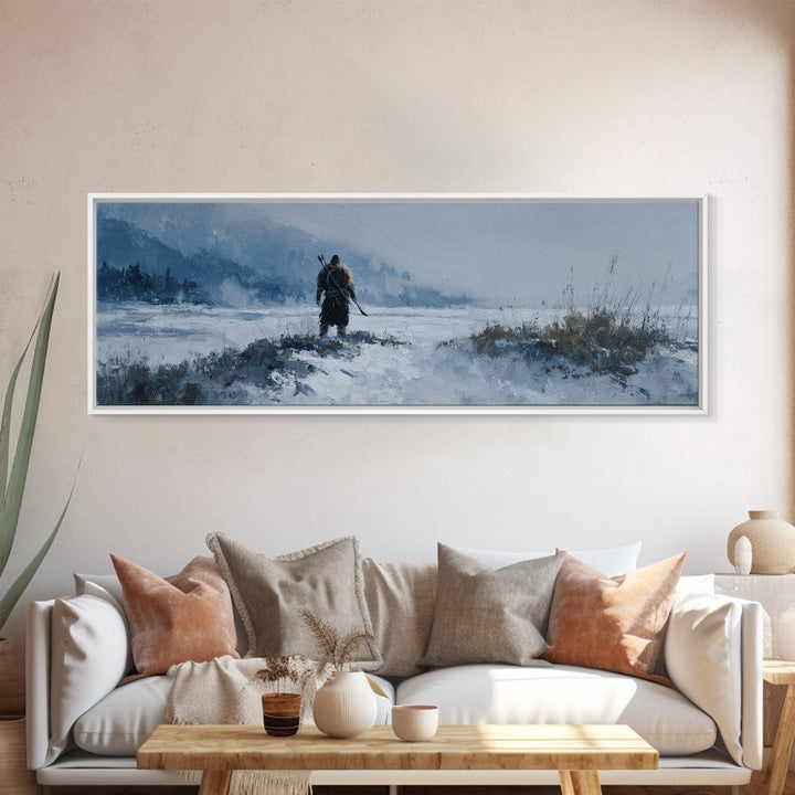 Lone Warrior Crossing Snowy Mountain Valley Wall Art, Winter Landscape Canvas Print, Rustic Cabin Decor, Adventure Gift Idea
