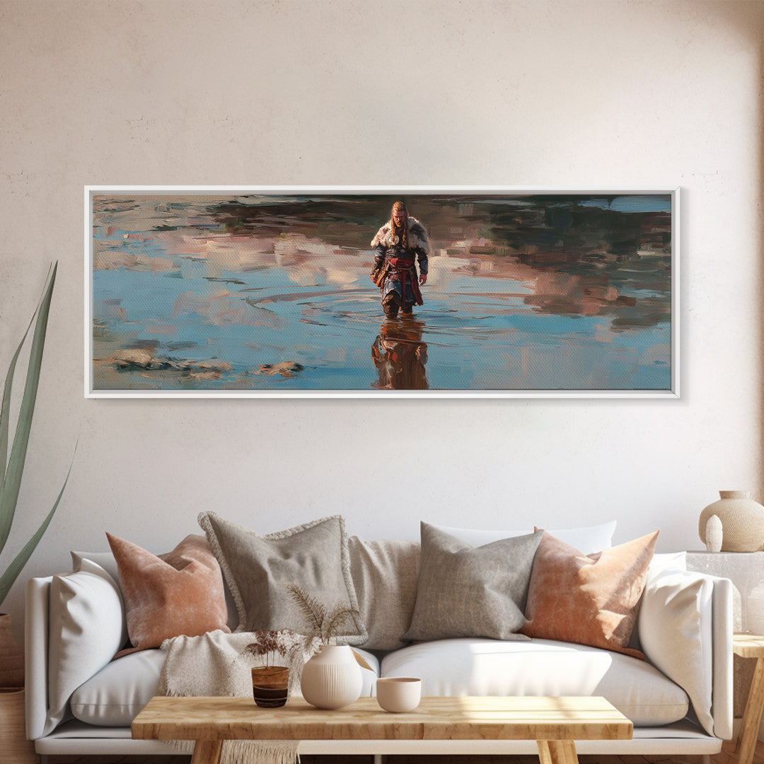 Viking Warrior Walking Through Water Canvas Print, Nordic Fantasy Landscape Wall Art, Rustic Masculine Decor For Home Office