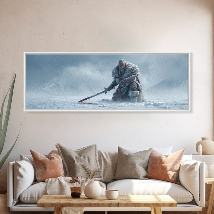 Frost Giant Warrior Kneeling In Snow Framed Canvas Print, Dark Fantasy Wall Art, Winter Mountain Decor, Epic Sword Artwork