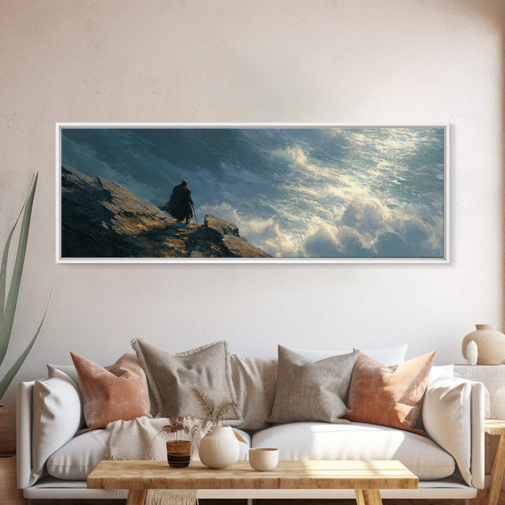 Cloaked Figure Above Crashing Ocean Wall Art, Moody Seascape Framed Canvas Print, Coastal Landscape Living Room Decor Gift