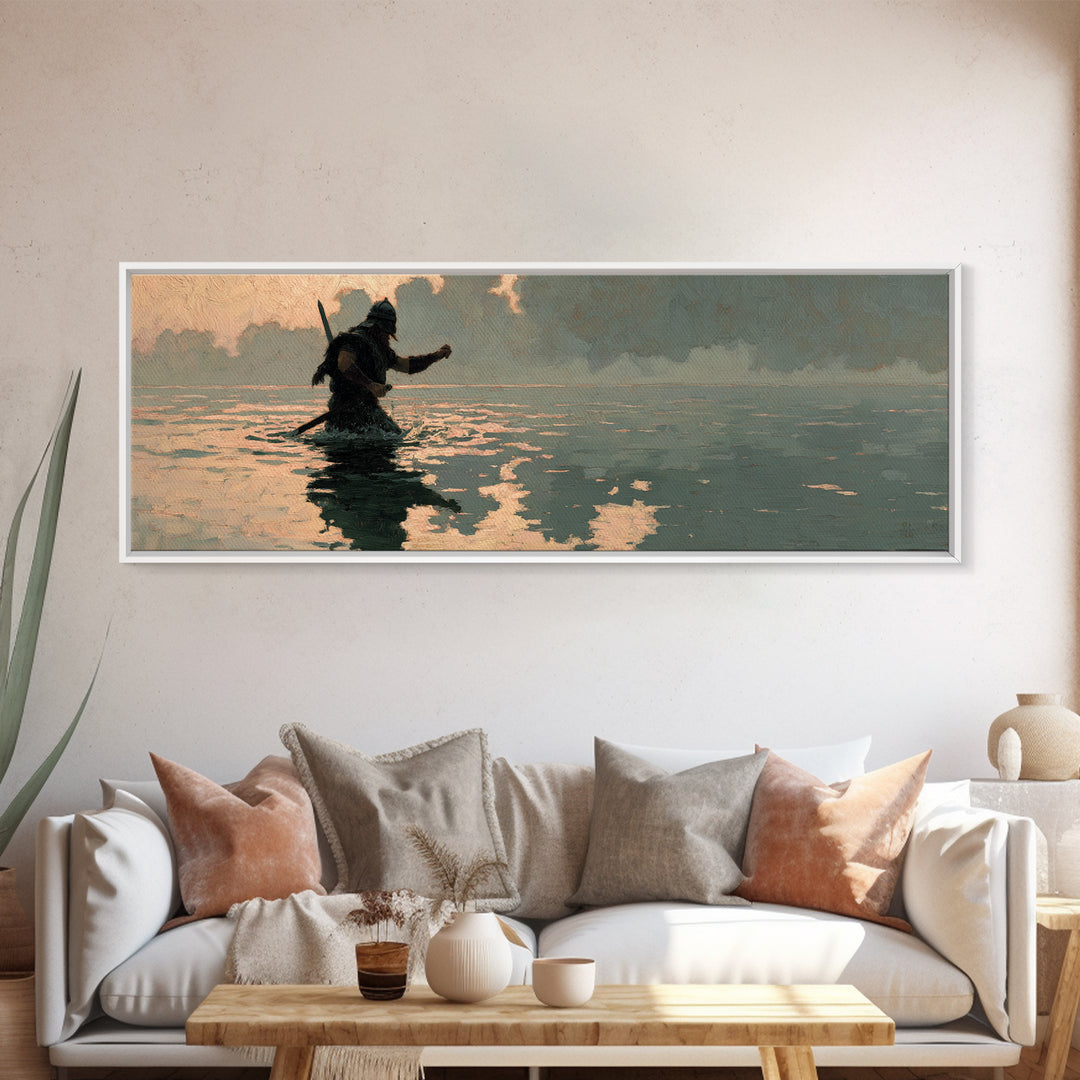 Lone Warrior Wading Through Water Wall Art, Moody Seascape Painting, Dark Fantasy Decor, Cinematic Living Room Print, Gift For Him