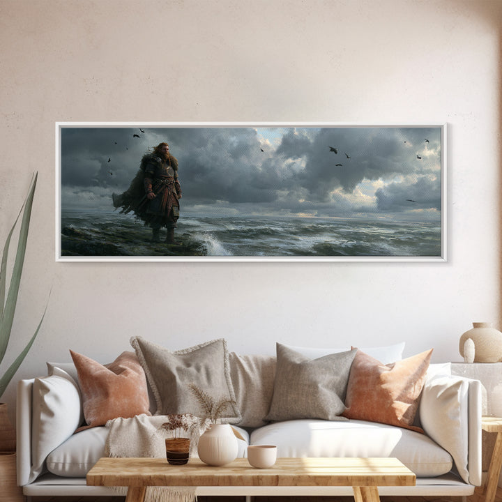 Stormy Viking By Rough Sea Framed Canvas Print, Dark Nordic Warrior Wall Decor, Raven Coastal Fantasy Art For Living Room