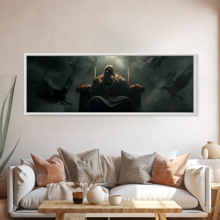 Raven King On Shadow Throne Wall Art, Dark Fantasy Framed Canvas Print, Gothic Castle Decor, Moody Statement Artwork, Game Room Decor