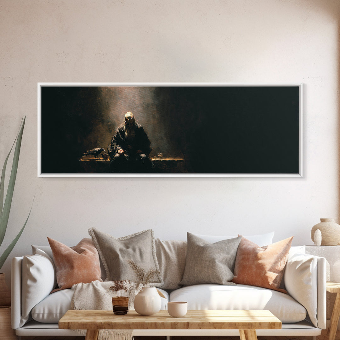 Seated Warrior In Shadow With Raven Framed Canvas Print, Dark Academia Wall Art, Gothic Medieval Decor, Moody Art, Man Cave Decor