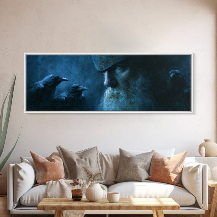 Odin With Ravens In Blue Shadow Canvas Print, Norse Mythology Wall Art, Viking Decor, Dark Academia Gift For Him, Moody Office Decor