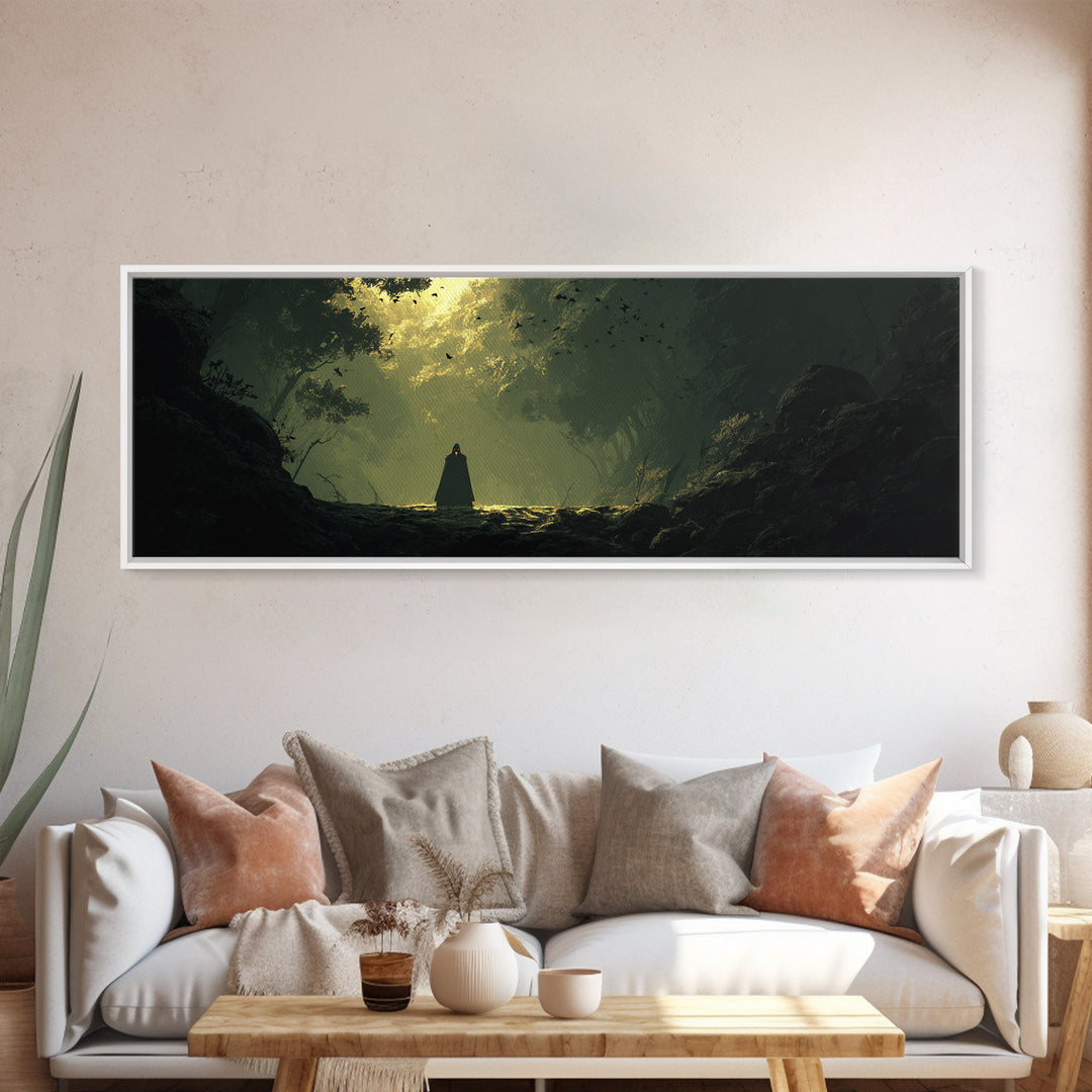 Cloaked Figure In Enchanted Forest Canvas Print, Dark Fantasy Landscape Art, Moody Wall Decor, Gothic Home Decor, Gift For Her