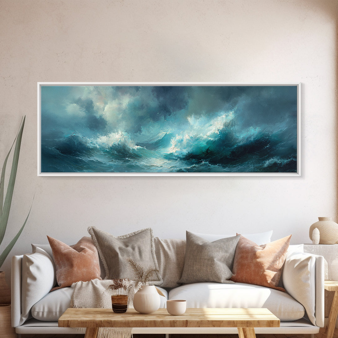 Stormy Teal Ocean Waves Wall Art, Moody Seascape Canvas Print, Coastal Living Room Decor, Large Abstract Ocean Painting Print