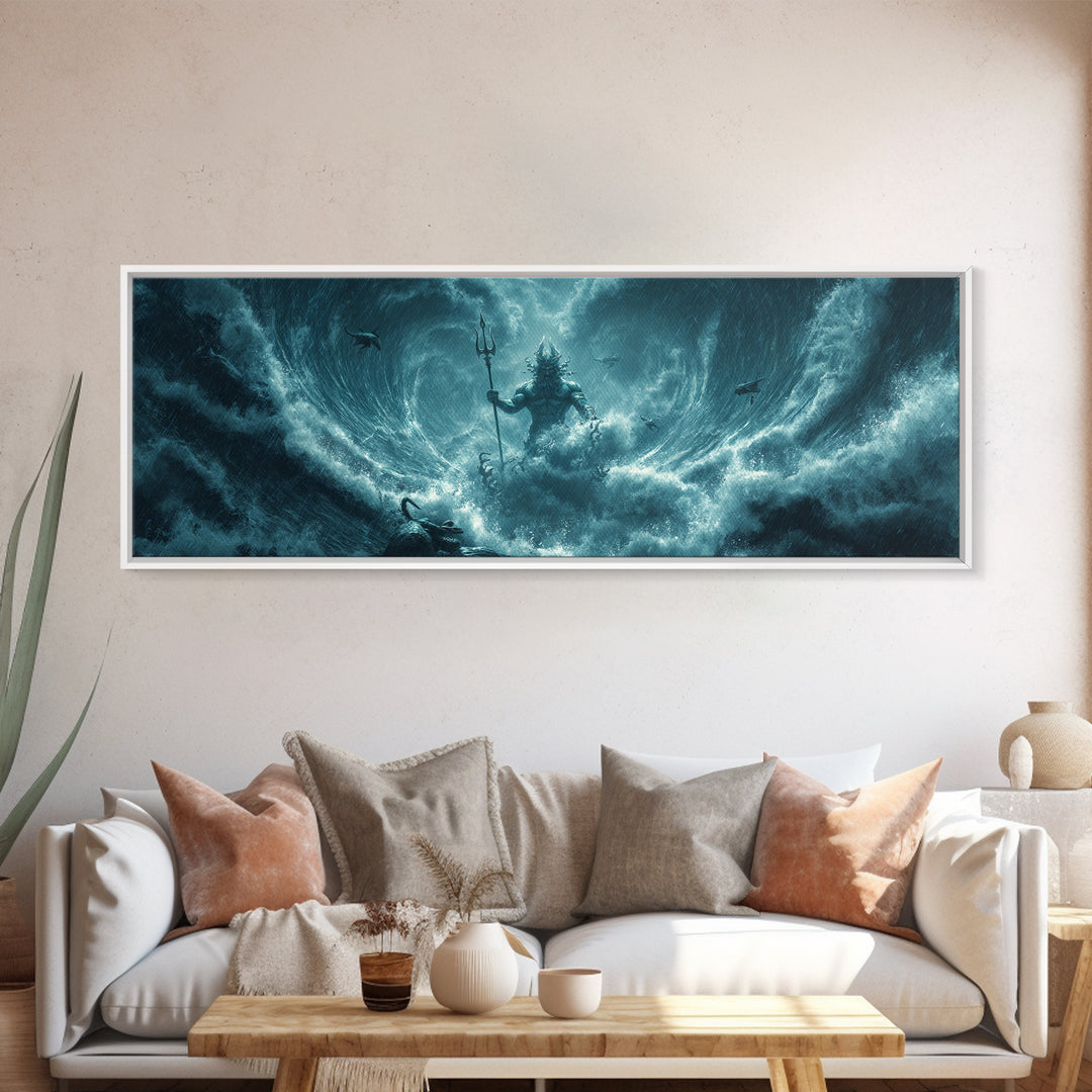 Storm God Rising From Ocean Waves Canvas Print, Poseidon Trident Fantasy Art, Dramatic Nautical Wall Decor For Men, Coastal Storm Artwork
