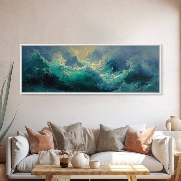 Stormy Turquoise Ocean Waves Framed Canvas Print, Moody Seascape, Coastal Wall Art, Nautical Decor, Large Horizontal Art