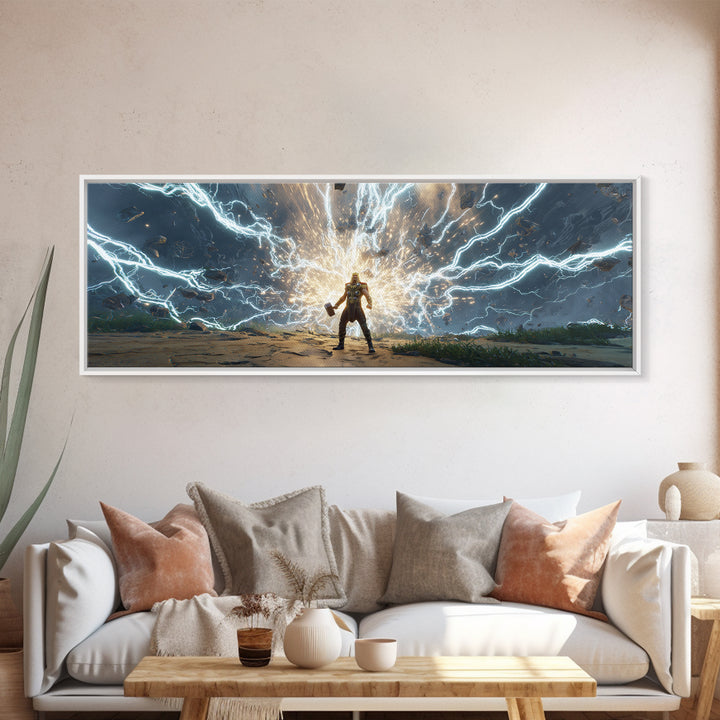 Armored Hero Facing Lightning Portal Canvas Print, Futuristic Sci Fi Wall Art, Cyberpunk Battle Decor, Epic Gaming Room Art