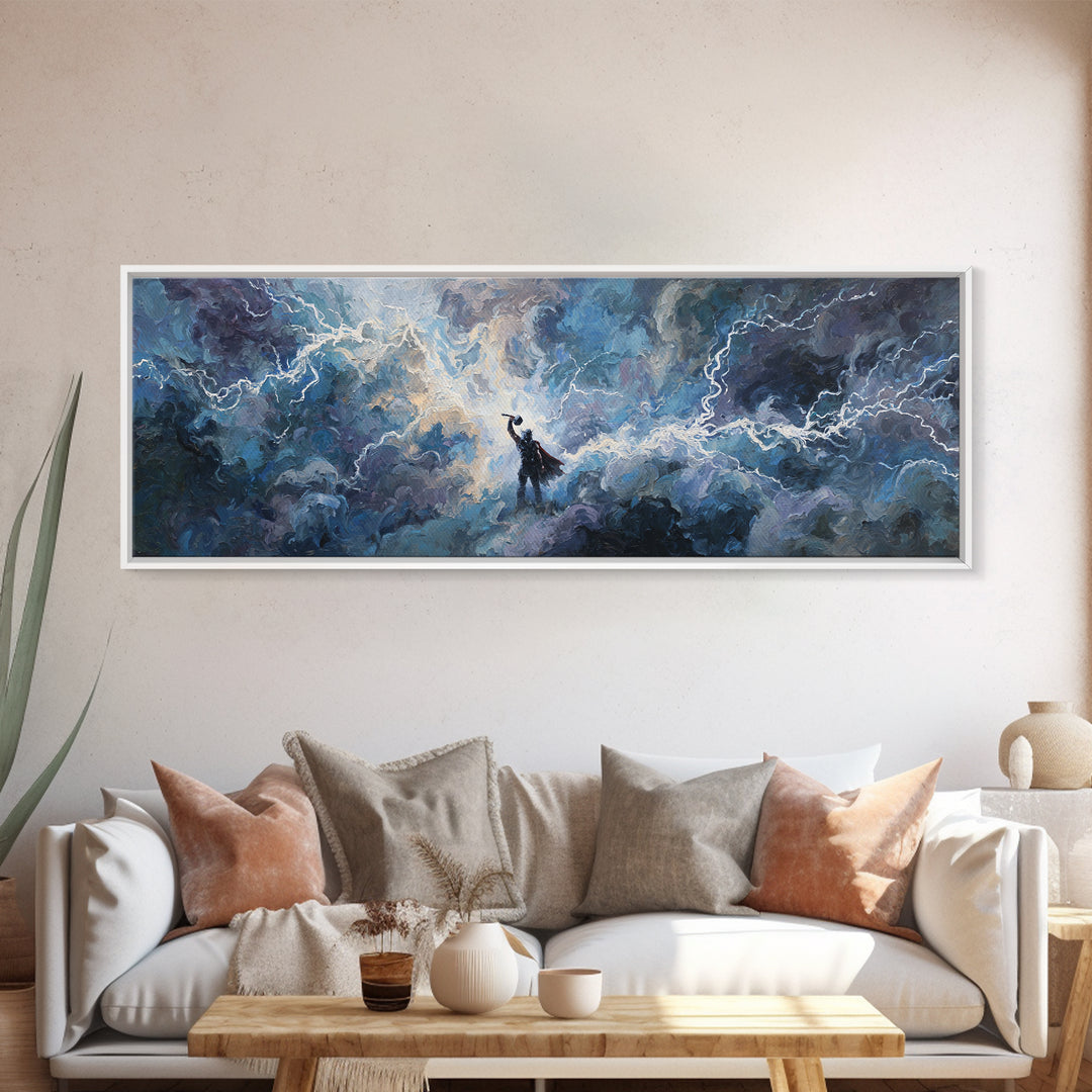 Storm God In Lightning Clouds Canvas Print, Norse Mythology Wall Art, Epic Fantasy Decor, Dramatic Spiritual Artwork Gift