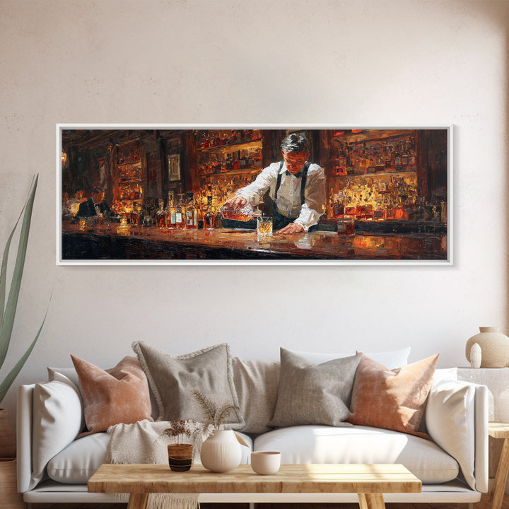 Bartender Pouring Whiskey In Classic Bar Wall Art, Speakeasy Oil Painting Canvas, Masculine Home Bar Decor Print, Gift For Him