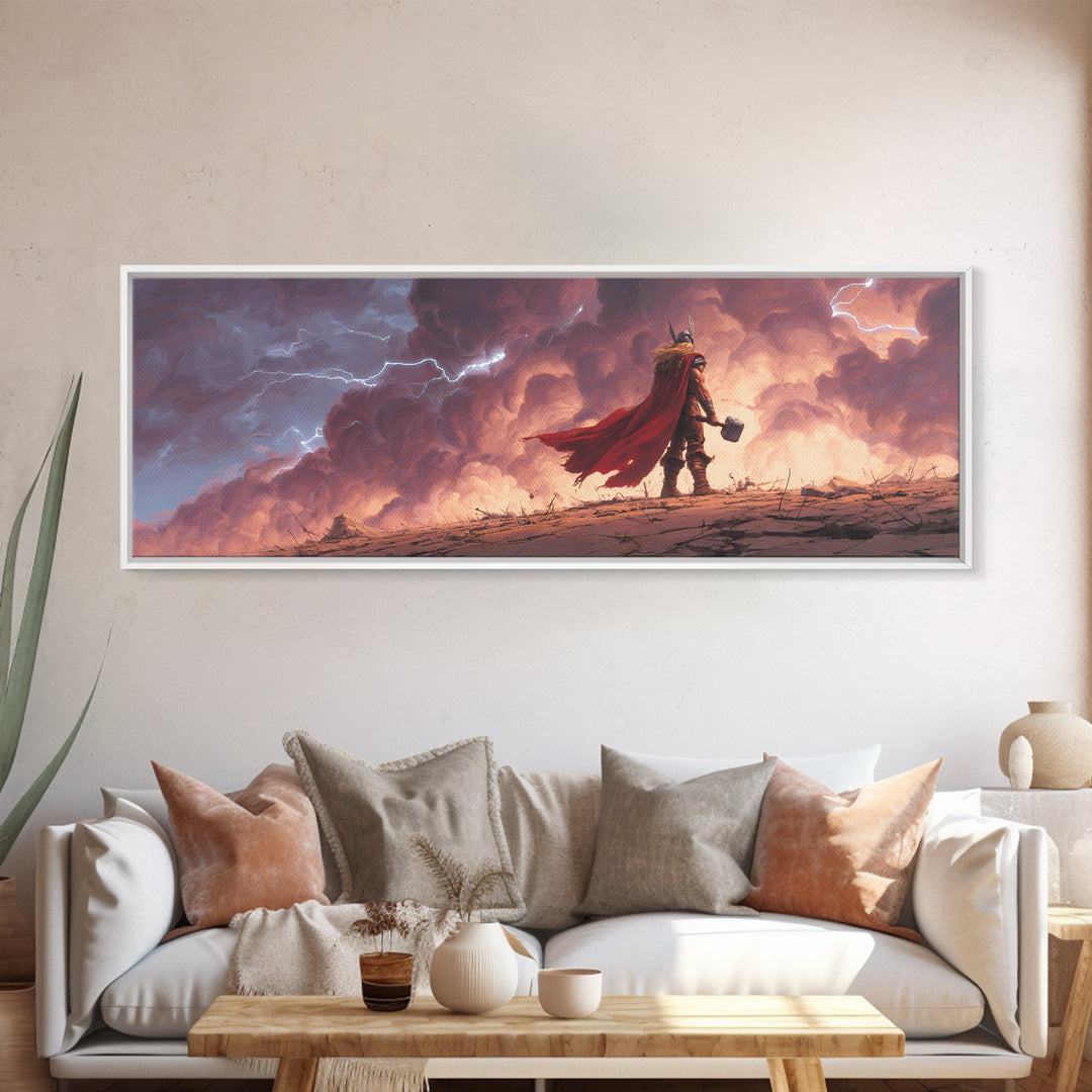 Storm God Warrior With Hammer Canvas Print, Epic Viking Fantasy Wall Art, Thunder Sky Decor, Dramatic Game Room Gift For Him