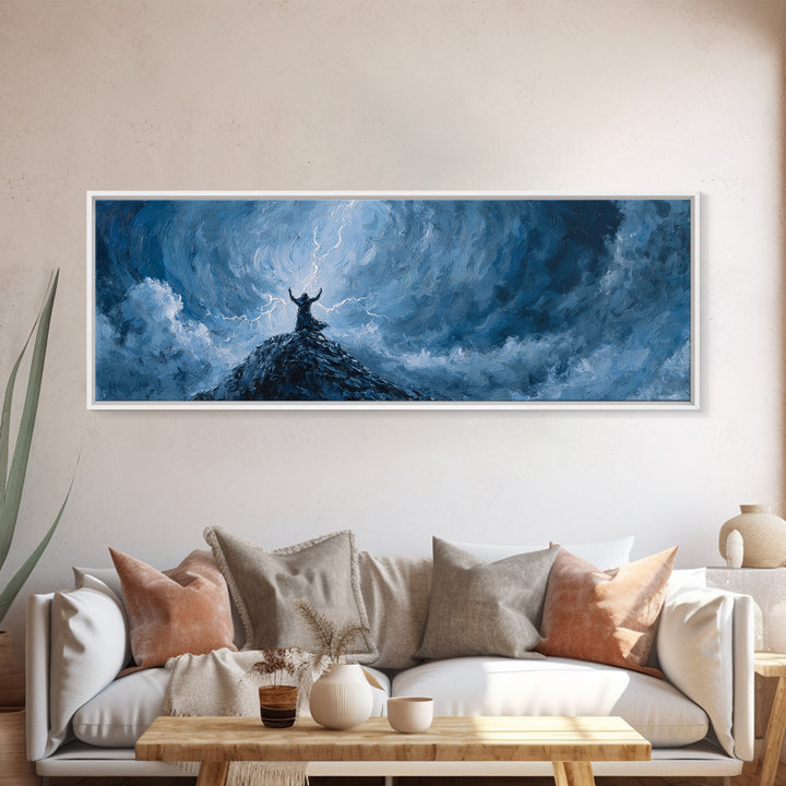 Lone Viking On Stormy Peak Canvas Print, Lightning Sky Wall Art, Norse Mythology Decor, Dramatic Mountain Artwork Gift For Him