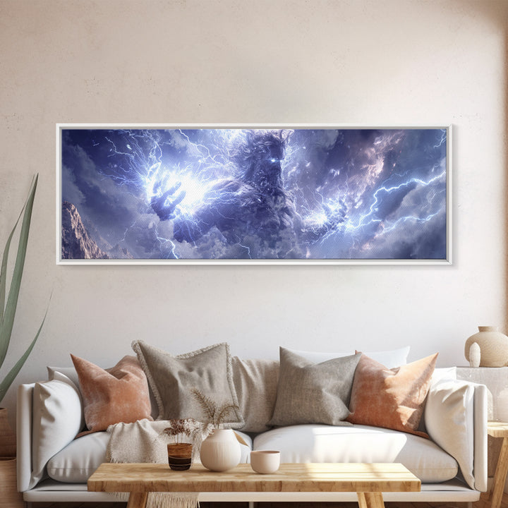 Colossal Storm Titan Wielding Lightning Canvas Print, Mythological Fantasy Wall Art, Thunder God Decor, Epic Mountain Artwork
