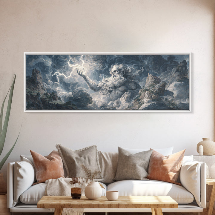 Mythic Storm God In Mountain Clouds Wall Art, Baroque Fantasy Landscape, Lightning Canvas Print, Dramatic Moody Decor, Large Art