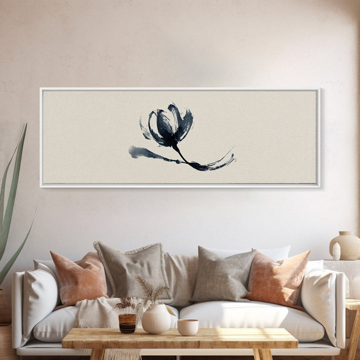 Minimalist Ink Flower On Textured Linen Wall Art, Botanical Canvas Print, Neutral Floral Decor, Japandi Bedroom Wall Art