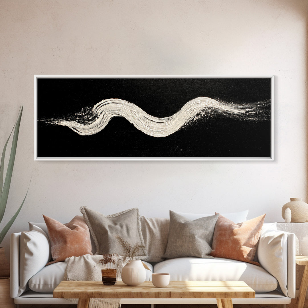 Black And White Brushstroke Wall Art, Minimalist Abstract Canvas Print, Textured Modern Decor, Large Horizontal Art Print