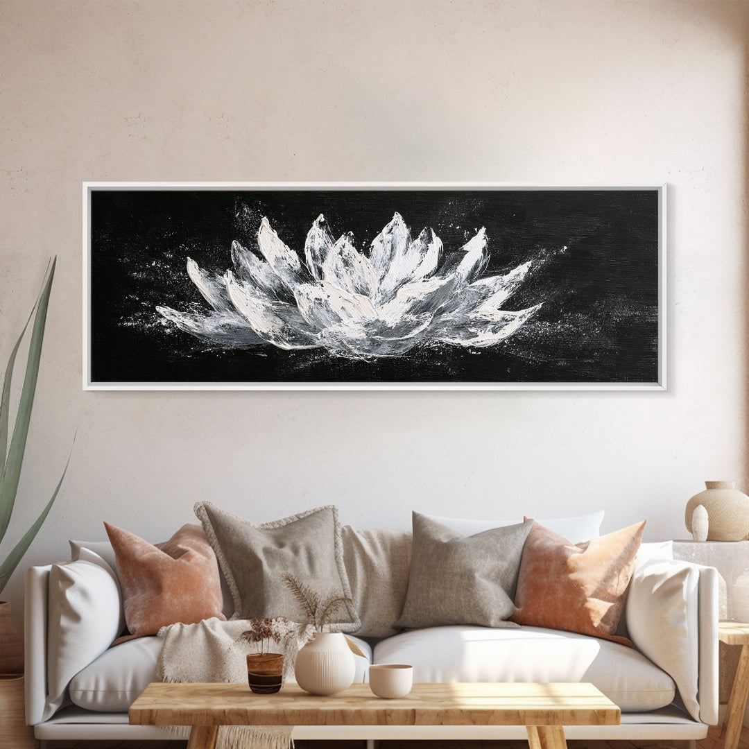 Black And White Lotus Flower Canvas Print, Textured Floral Painting, Minimalist Spa Decor, Elegant Modern Bathroom Wall Art