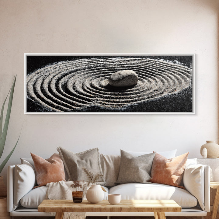 Zen Sand Garden With Center Stone Wall Art, Black And White Minimalist Decor, Japandi Meditation Print For Spa Room, Home Decor