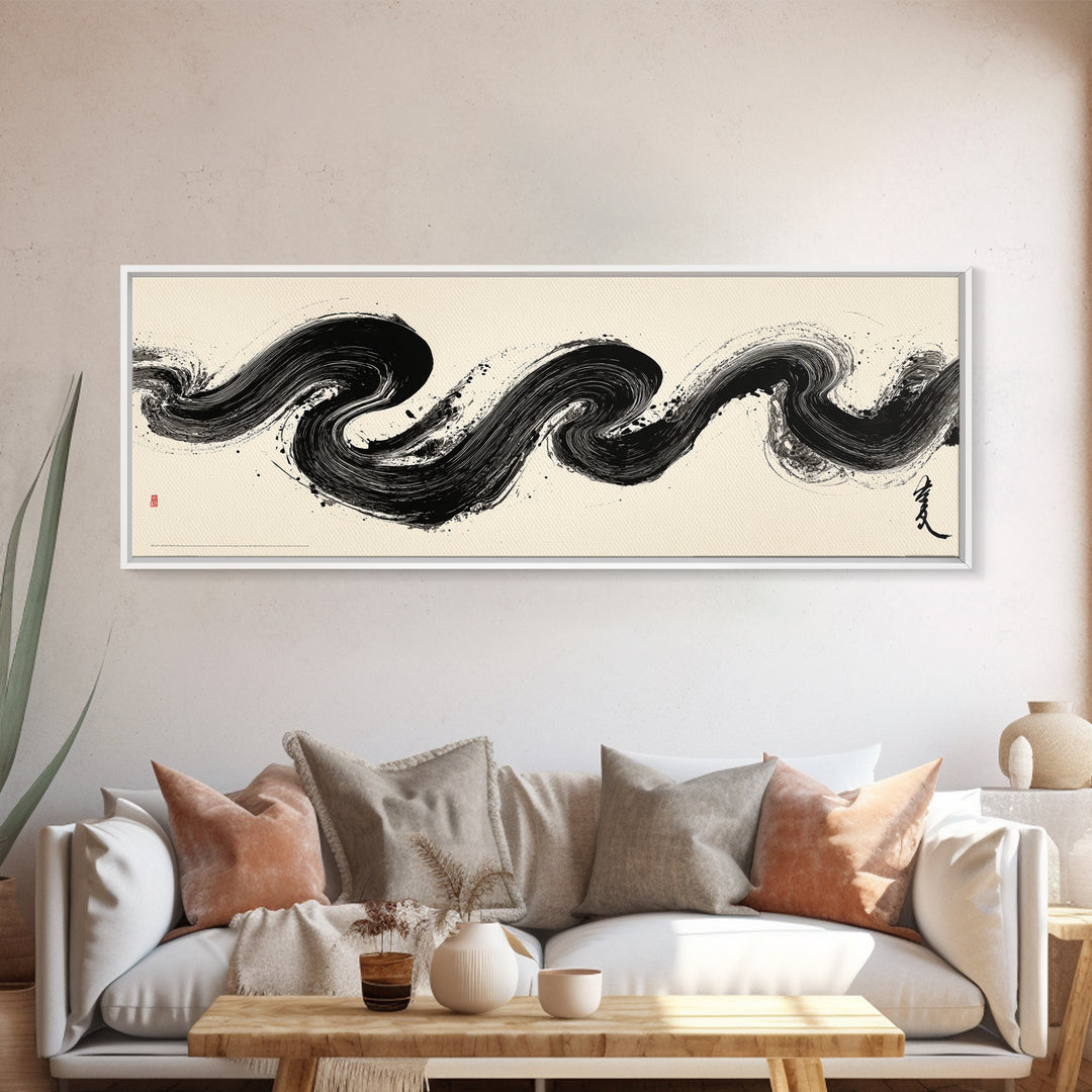 Abstract Black Ink Wave Brushstroke Wall Art, Minimalist Japanese Canvas Print, Zen Calligraphy Decor For Modern Home Wall Decor