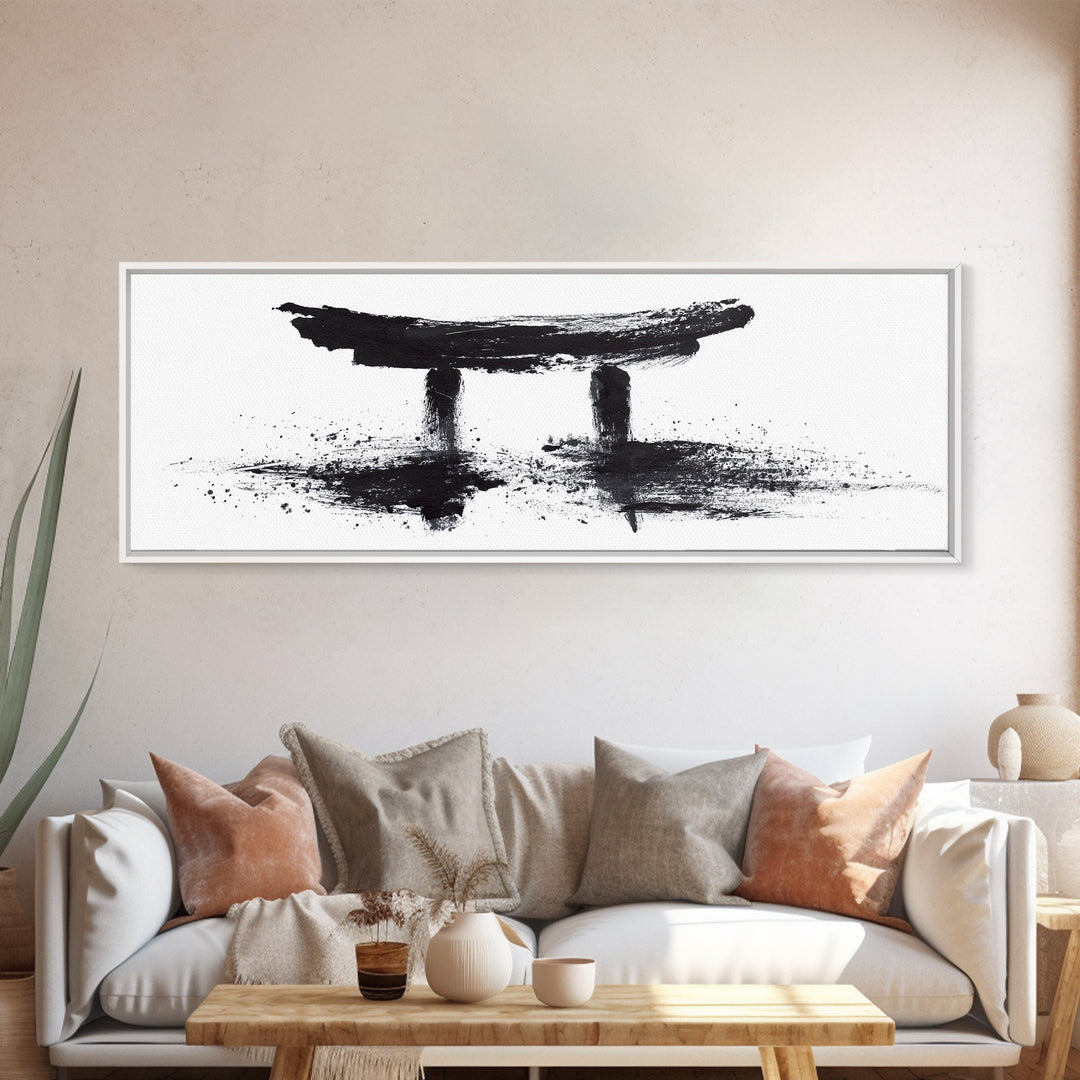 Black Ink Japanese Torii Gate Wall Art, Minimalist Canvas Print, Zen Calligraphy Decor, Black And White Japandi Office Wall Decor