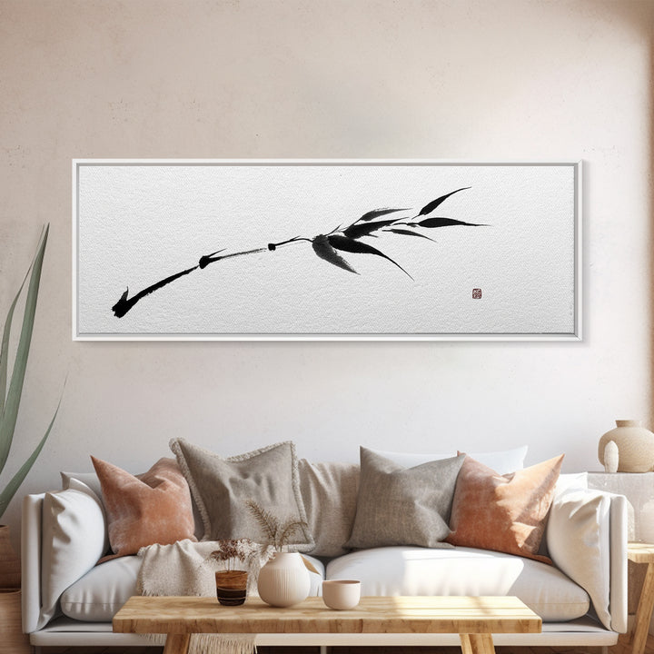 Minimalist Black Bamboo Ink Branch Wall Art, Japanese Zen Canvas Print, Monochrome Botanical Decor, Wabi Sabi Office Art
