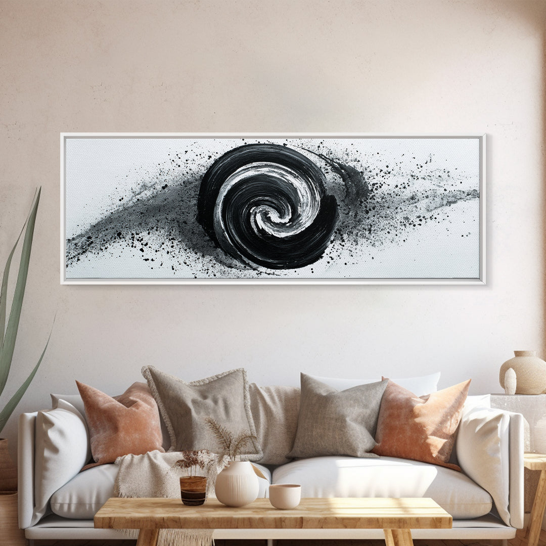 Black And White Spiral Wall Art, Abstract Ink Brush Circle Canvas Print, Monochrome Modern Office Decor, Minimalist Art Print