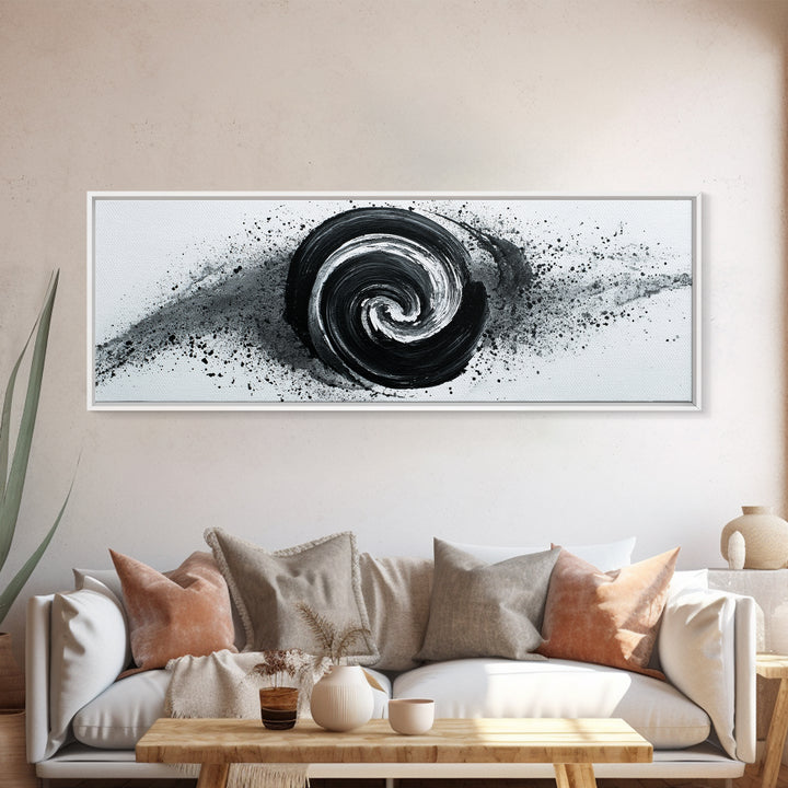 Black And White Spiral Wall Art, Abstract Ink Brush Circle Canvas Print, Monochrome Modern Office Decor, Minimalist Art Print