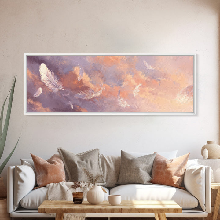 Floating White Feathers Canvas Print, Pastel Sky Wall Art, Dreamy Cloud Decor, Calming Bedroom Or Nursery Artwork Gift For Her