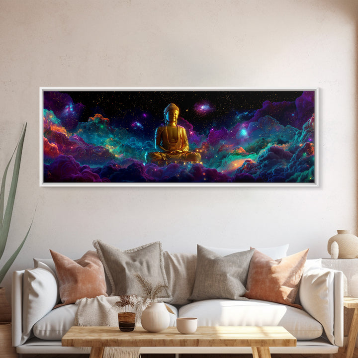 Golden Buddha In Cosmic Nebula Clouds Wall Art, Meditation Room Decor, Spiritual Canvas, Yoga Studio, Celestial Print Gift