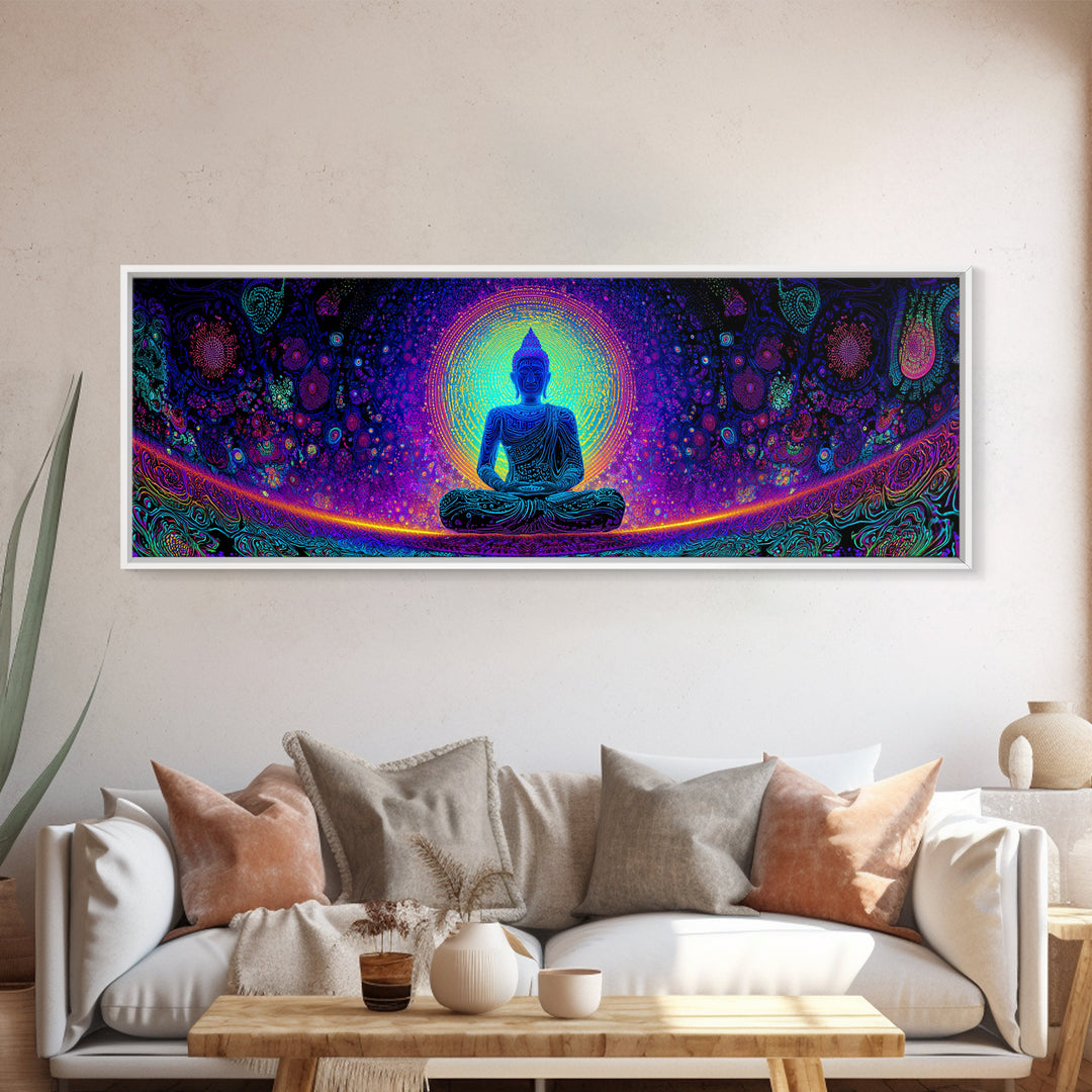 Psychedelic Buddha Mandala Wall Art, Rainbow Meditation Decor, Spiritual Canvas Print, Yoga Studio, Maximalist Wall Decor