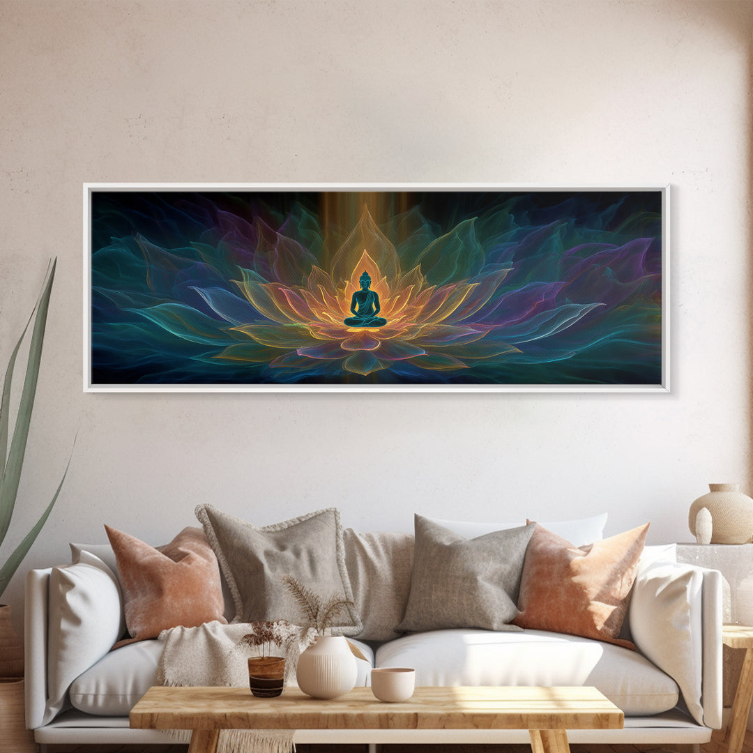 Glowing Buddha Lotus Meditation Canvas Print, Spiritual Zen Wall Decor, Yoga Room Art, Sacred Geometry, Calming Home Decor