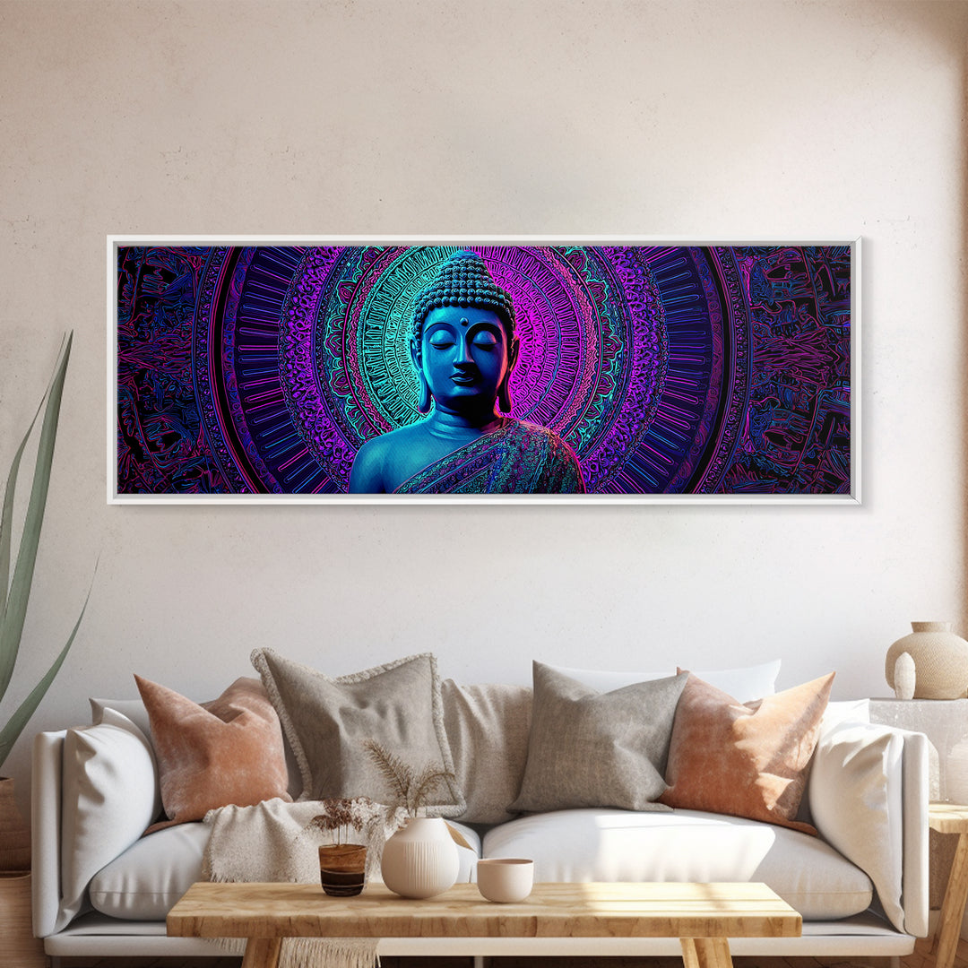 Neon Blue Buddha Meditation Wall Art, Framed Canvas Print, Zen Spiritual Decor, Mandala Yoga Room And Calming Spa Wall Decor
