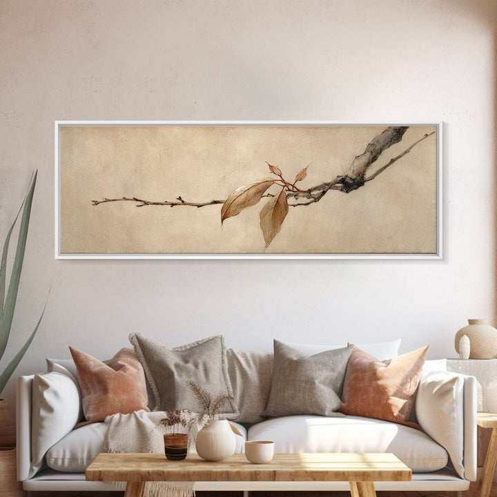 Sepia Autumn Branch Wall Art, Wabi Sabi Botanical Print, Japanese Inspired Decor, Neutral Nature Art, Framed Canvas Print
