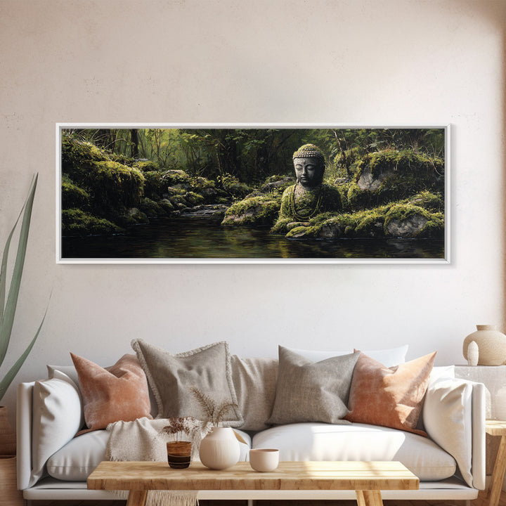 Mossy Buddha Forest Stream Wall Art, Zen Meditation Canvas Print For Spa Decor, Japandi Bathroom Decor And Nature Wall Art