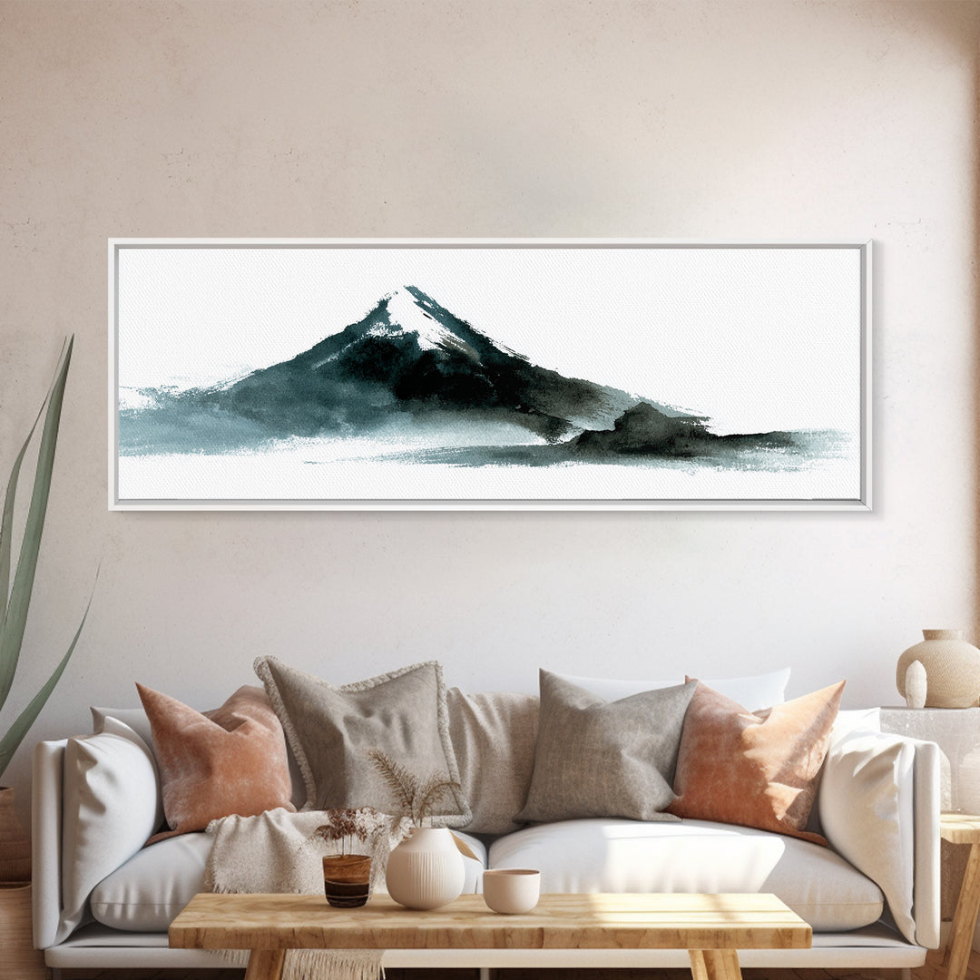 Minimalist Black Ink Mountain Landscape Wall Art, Japanese Canvas Print, Zen Decor, Neutral Office Decor, Mountain Art Print